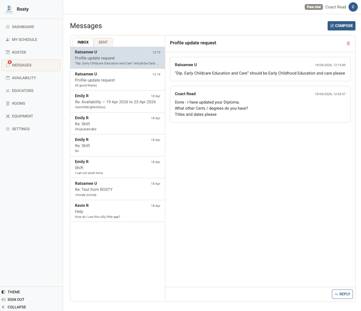 Rosty messaging inbox